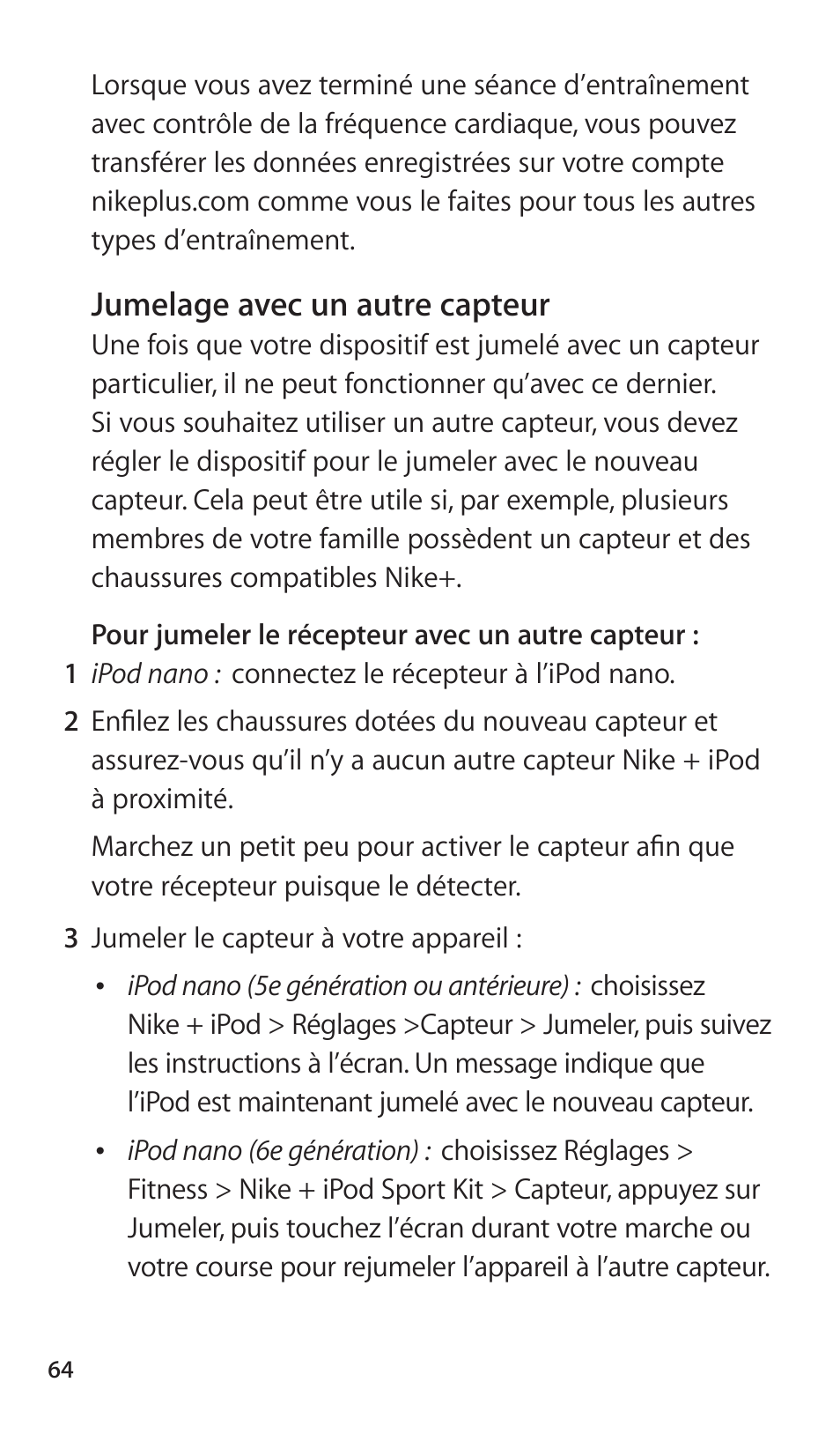 Jumelage avec un autre capteur | Apple Nike + iPod Sensor User Manual | Page 64 / 144