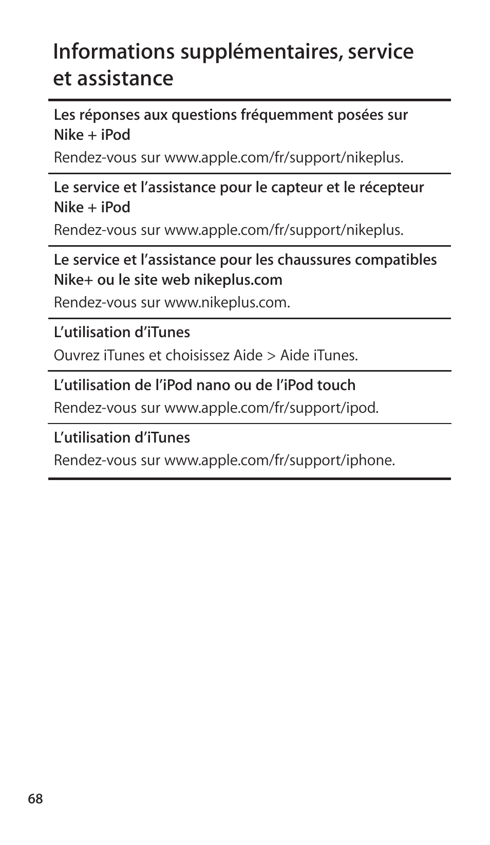 68 informations supplémentaires, service, Et assistance | Apple Nike + iPod Sensor User Manual | Page 68 / 144