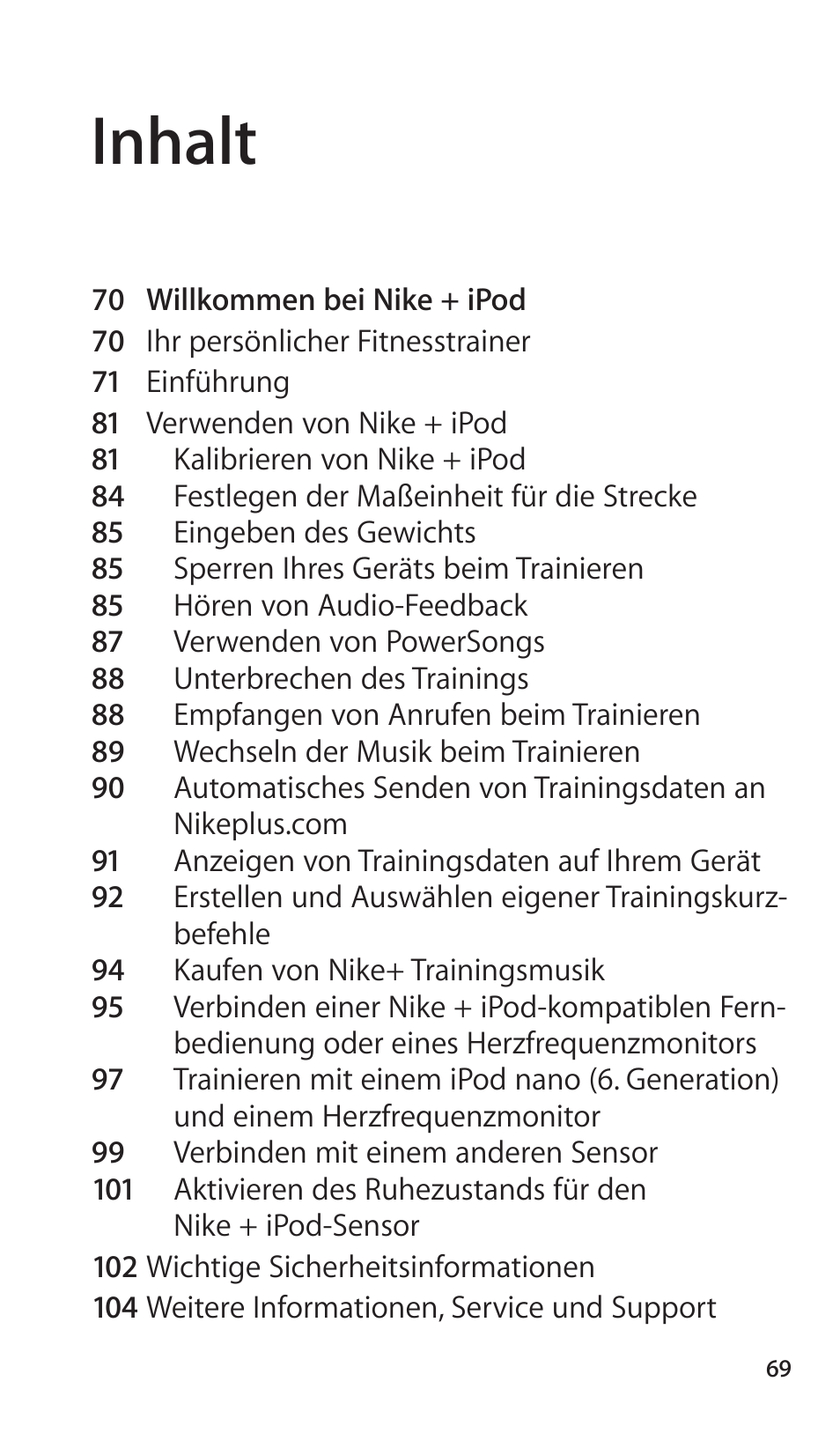 Inhalt | Apple Nike + iPod Sensor User Manual | Page 69 / 144