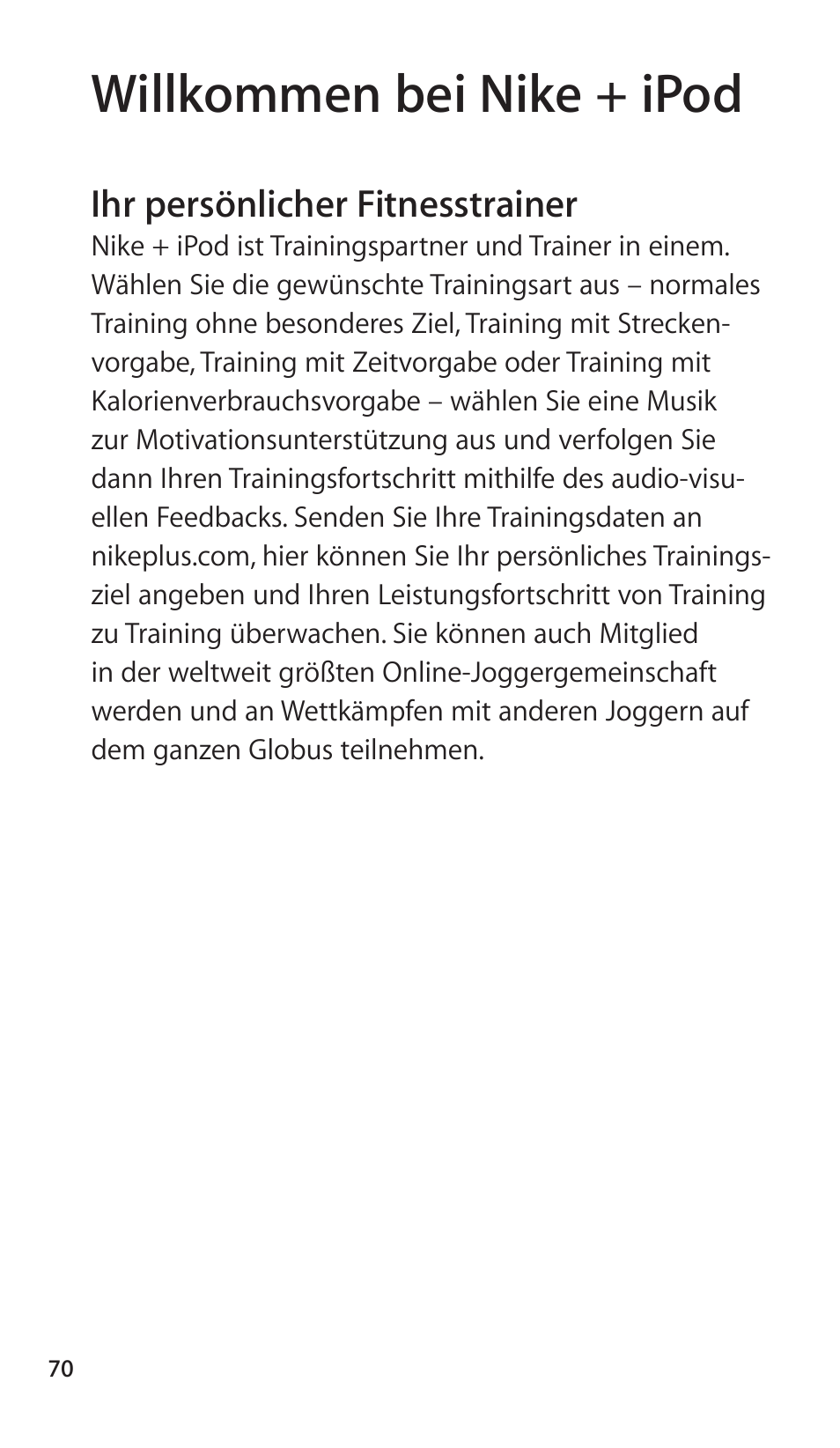Willkommen bei nike + ipod, Ihr persönlicher fitnesstrainer | Apple Nike + iPod Sensor User Manual | Page 70 / 144