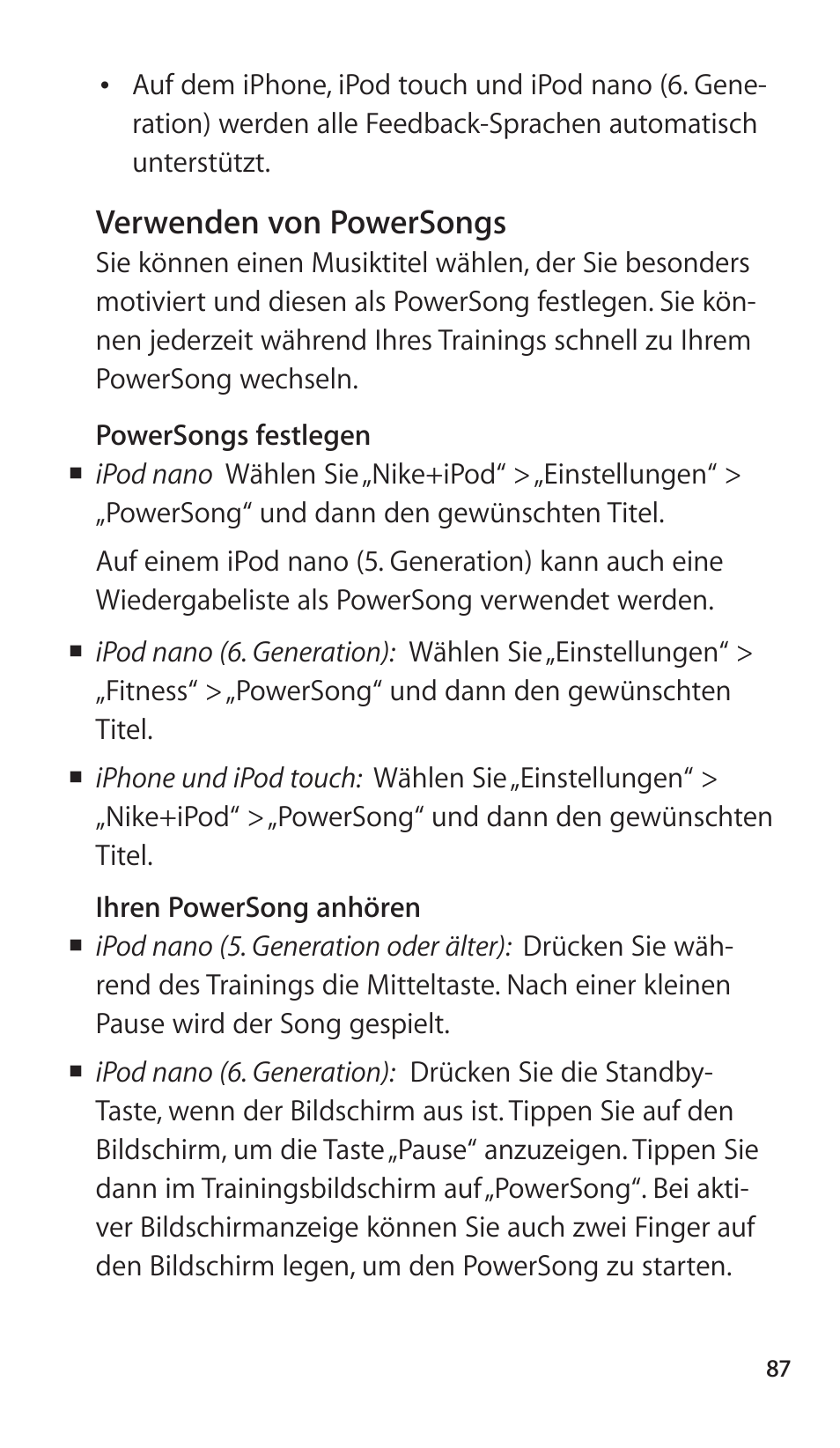 Verwenden von powersongs | Apple Nike + iPod Sensor User Manual | Page 87 / 144