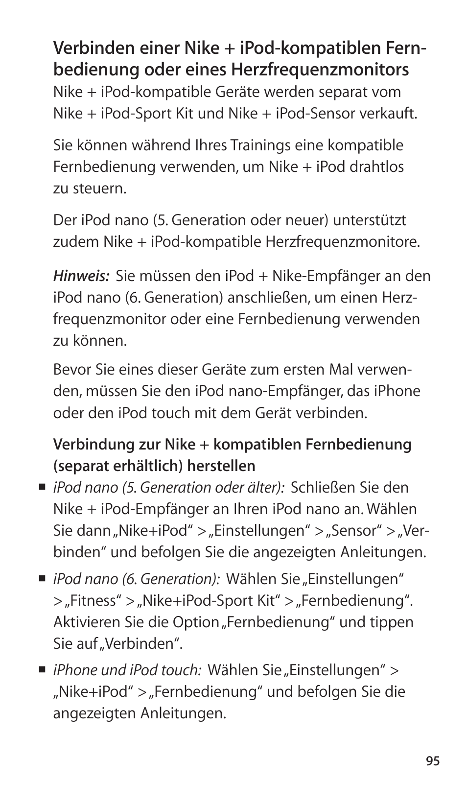 Verbinden einer nike + ipod-kompatiblen fern, Bedienung oder eines herzfrequenzmonitors | Apple Nike + iPod Sensor User Manual | Page 95 / 144
