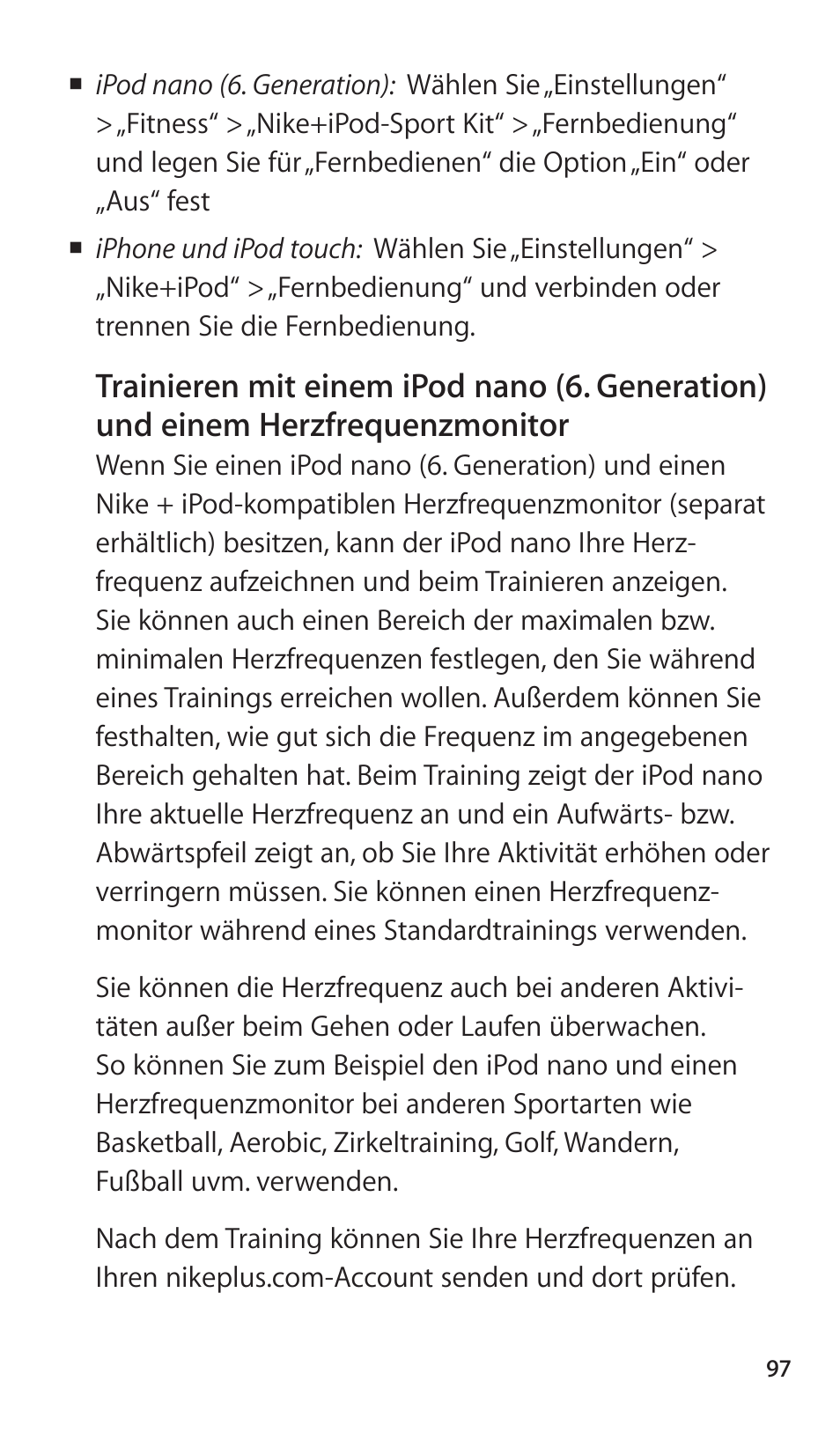 Trainieren mit einem ipod nano (6. generation), Und einem herzfrequenzmonitor | Apple Nike + iPod Sensor User Manual | Page 97 / 144