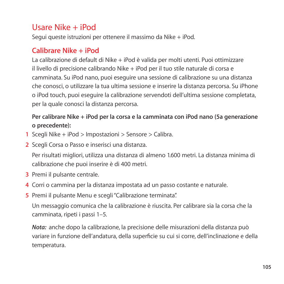 Usare nike + ipod, Calibrare nike + ipod, 105 usare nike + ipod | Apple Nike + iPod User Manual | Page 105 / 128