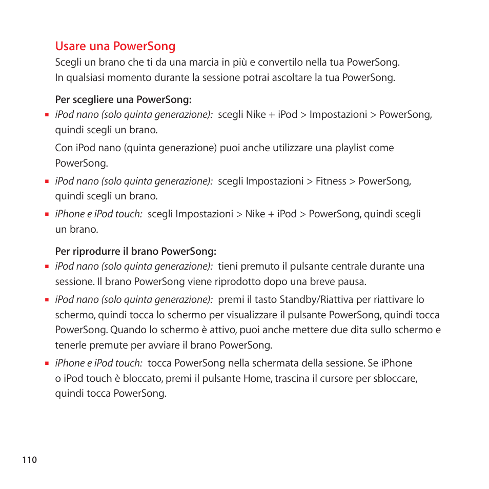 Usare una powersong | Apple Nike + iPod User Manual | Page 110 / 128