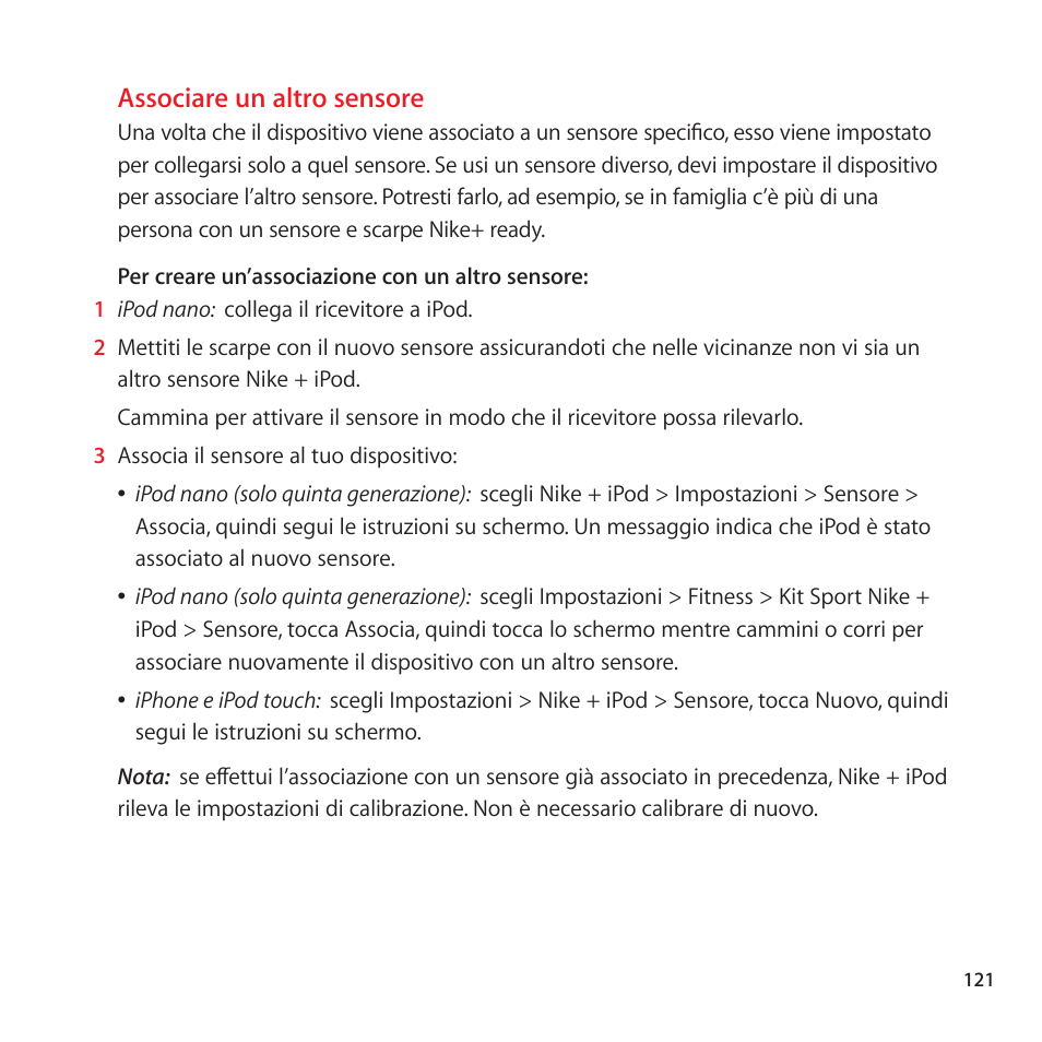 Associare un altro sensore | Apple Nike + iPod User Manual | Page 121 / 128