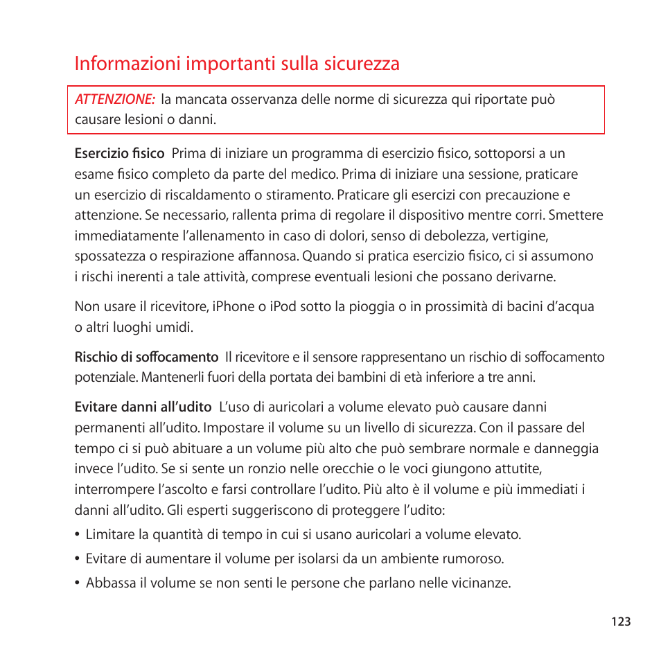 Informazioni importanti sulla sicurezza, 123 informazioni importanti sulla sicurezza | Apple Nike + iPod User Manual | Page 123 / 128