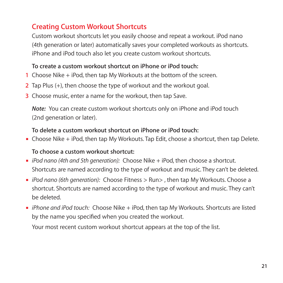 Creating custom workout shortcuts | Apple Nike + iPod User Manual | Page 21 / 128