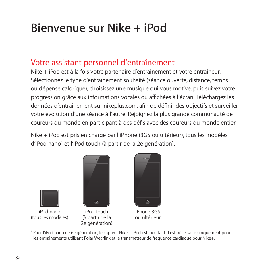 Votre assistant personnel d’entraînement, 32 votre assistant personnel d’entraînement, Bienvenue sur nike + ipod | Apple Nike + iPod User Manual | Page 32 / 128