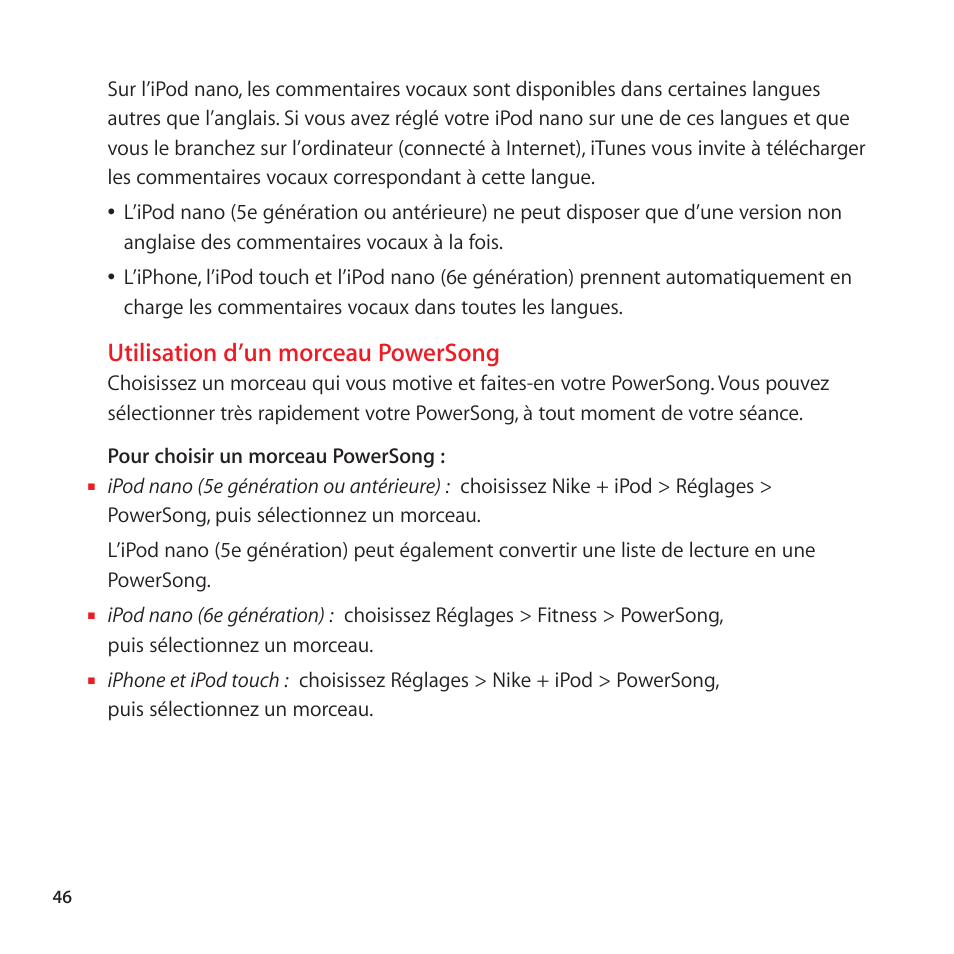 Utilisation d’un morceau powersong | Apple Nike + iPod User Manual | Page 46 / 128