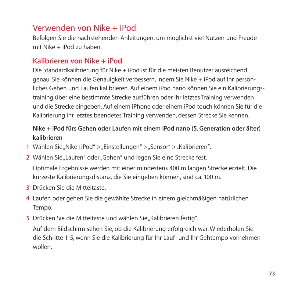 Verwenden von nike + ipod, Kalibrieren von nike + ipod, 73 verwenden von nike + ipod | Apple Nike + iPod User Manual | Page 73 / 128