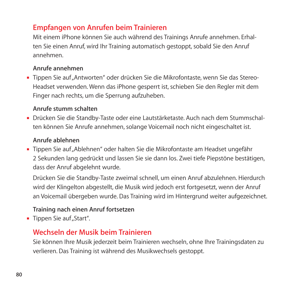 Empfangen von anrufen beim trainieren, Wechseln der musik beim trainieren | Apple Nike + iPod User Manual | Page 80 / 128