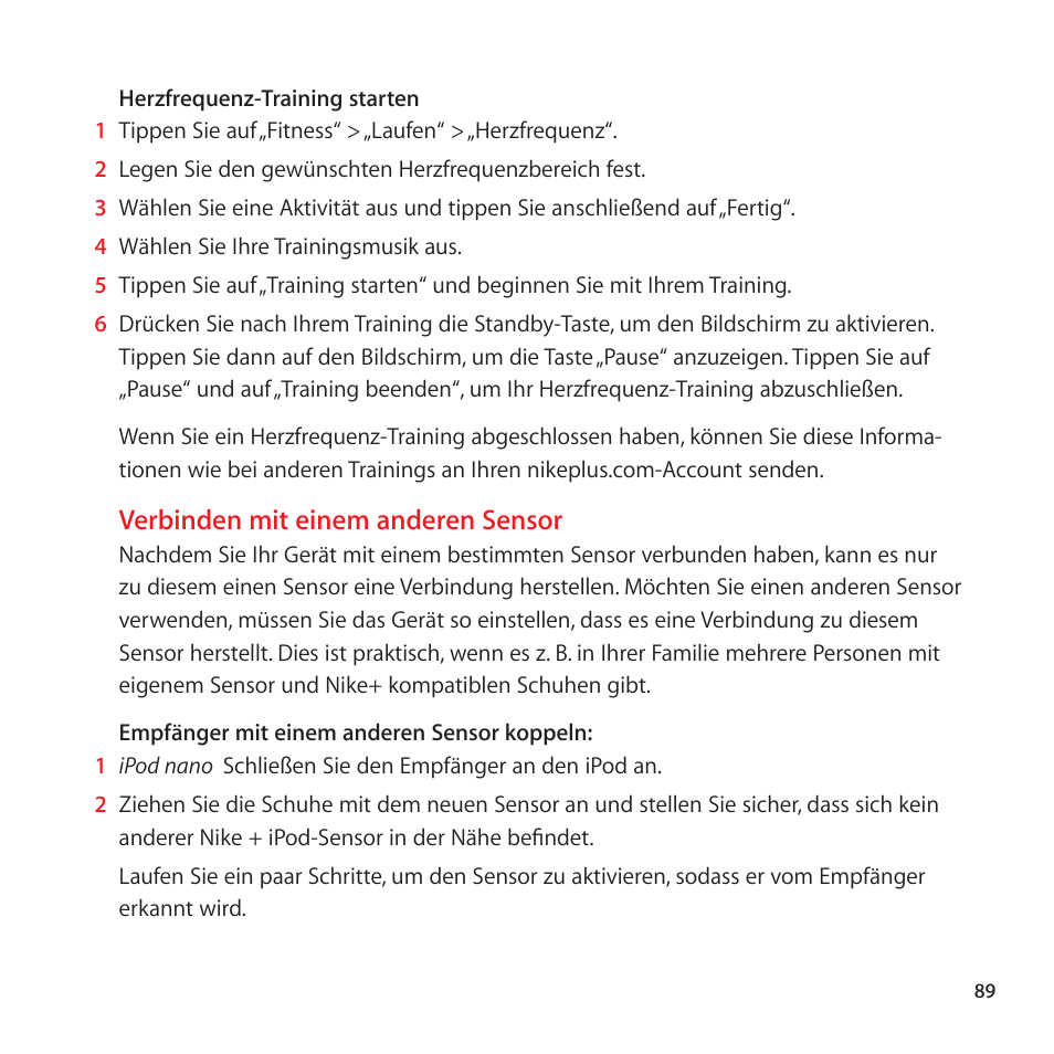Verbinden mit einem anderen sensor | Apple Nike + iPod User Manual | Page 89 / 128