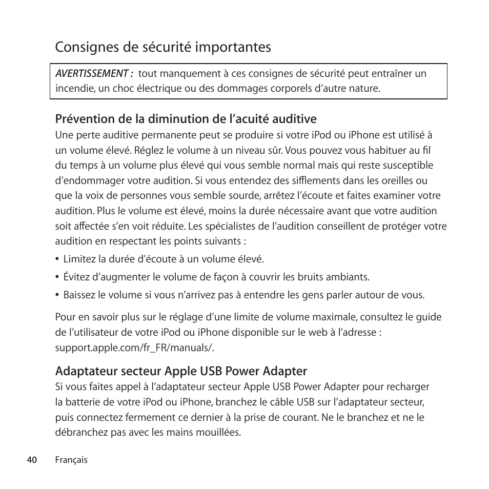 Consignes de sécurité importantes | Apple Universal Dock User Manual | Page 40 / 88