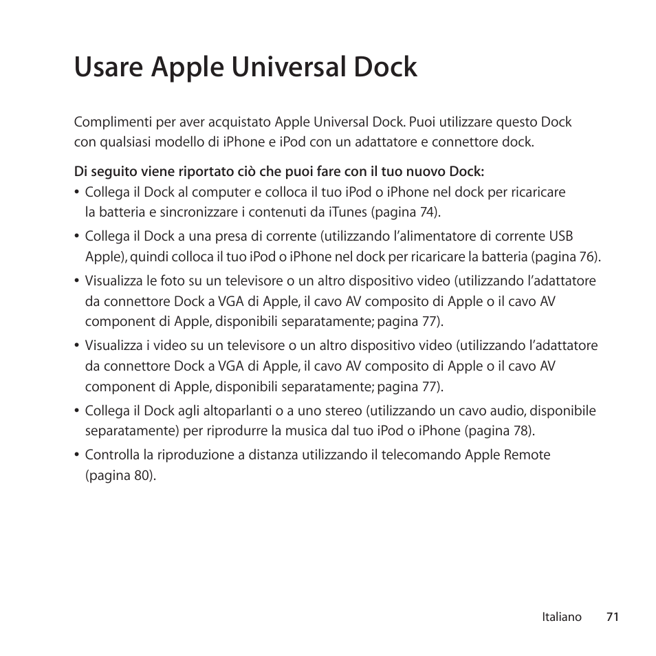 Usare apple universal dock | Apple Universal Dock User Manual | Page 71 / 88