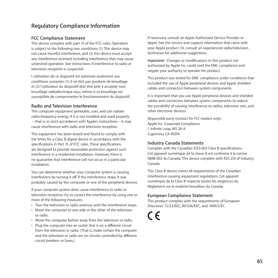 Regulatory compliance information | Apple Universal Dock User Manual | Page 85 / 88