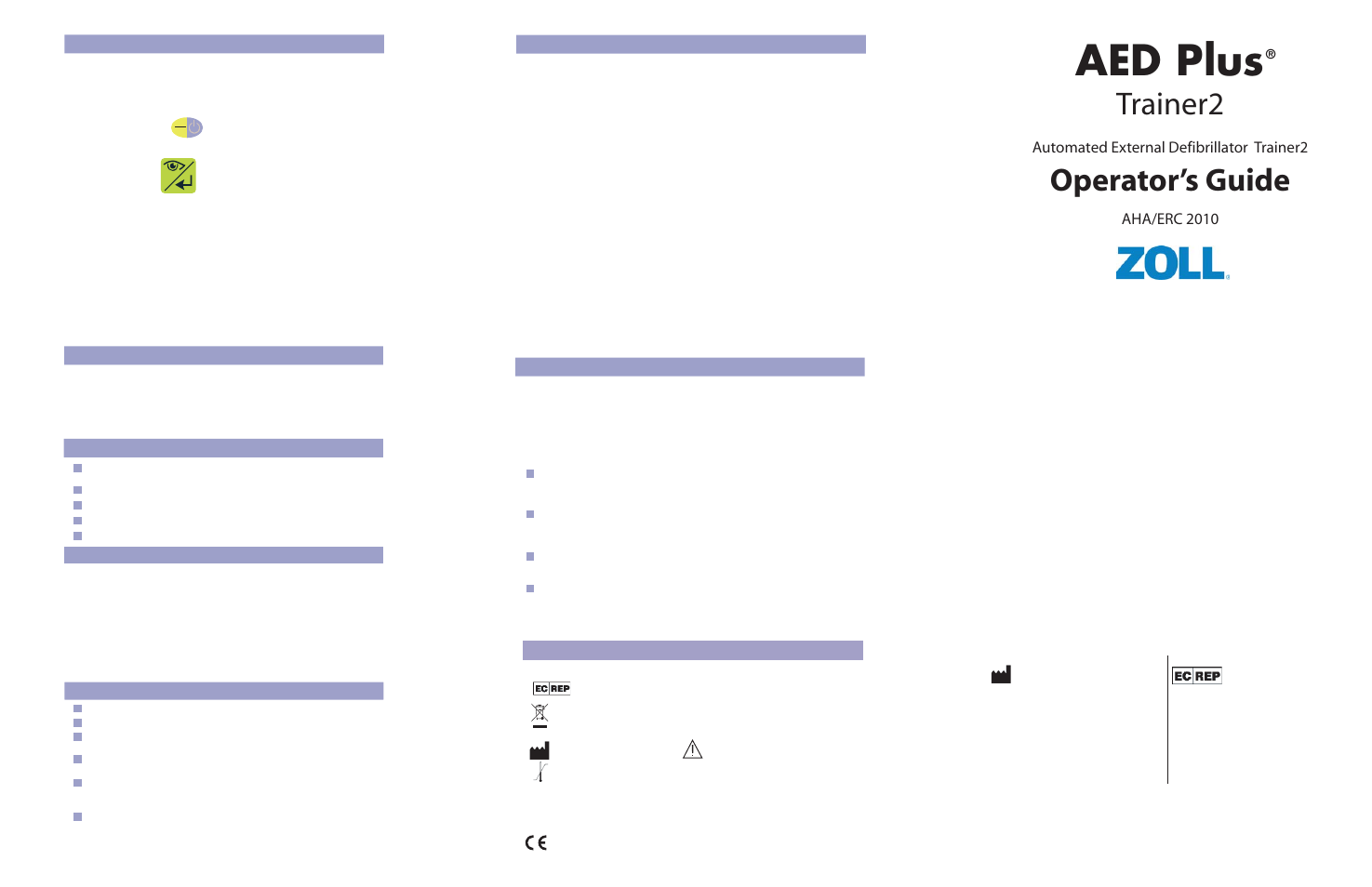 Aed plus, Trainer2, Operator’s guide | Automated external defibrillator trainer2, Aha/erc 2010 | ZOLL AED Plus Trainer2 Rev C User Manual | Page 2 / 2
