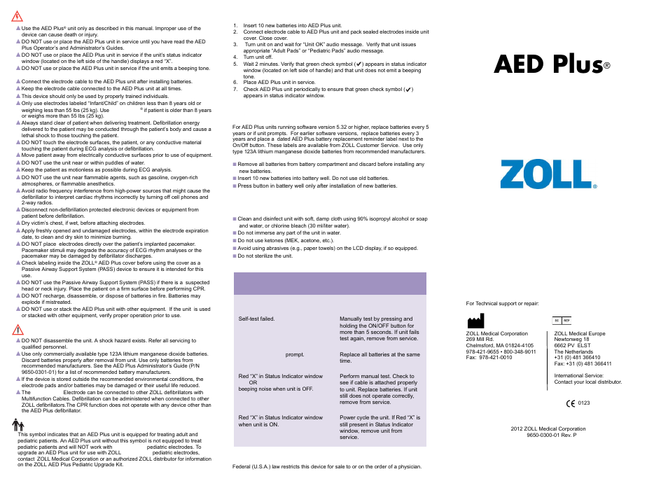 ZOLL AED Plus Rev P User Manual | 2 pages