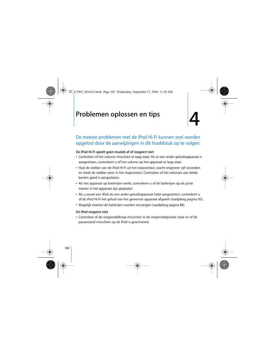 Problemen oplossen en tips | Apple iPod Hi-Fi User Manual | Page 102 / 106