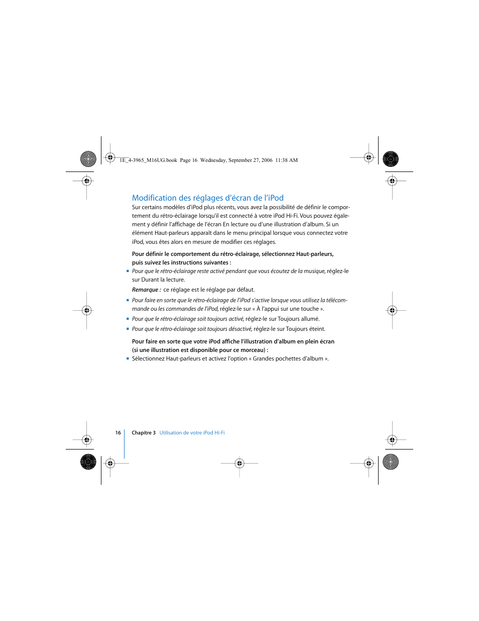 Modification des réglages d’écran de l’ipod | Apple iPod Hi-Fi User Manual | Page 16 / 106