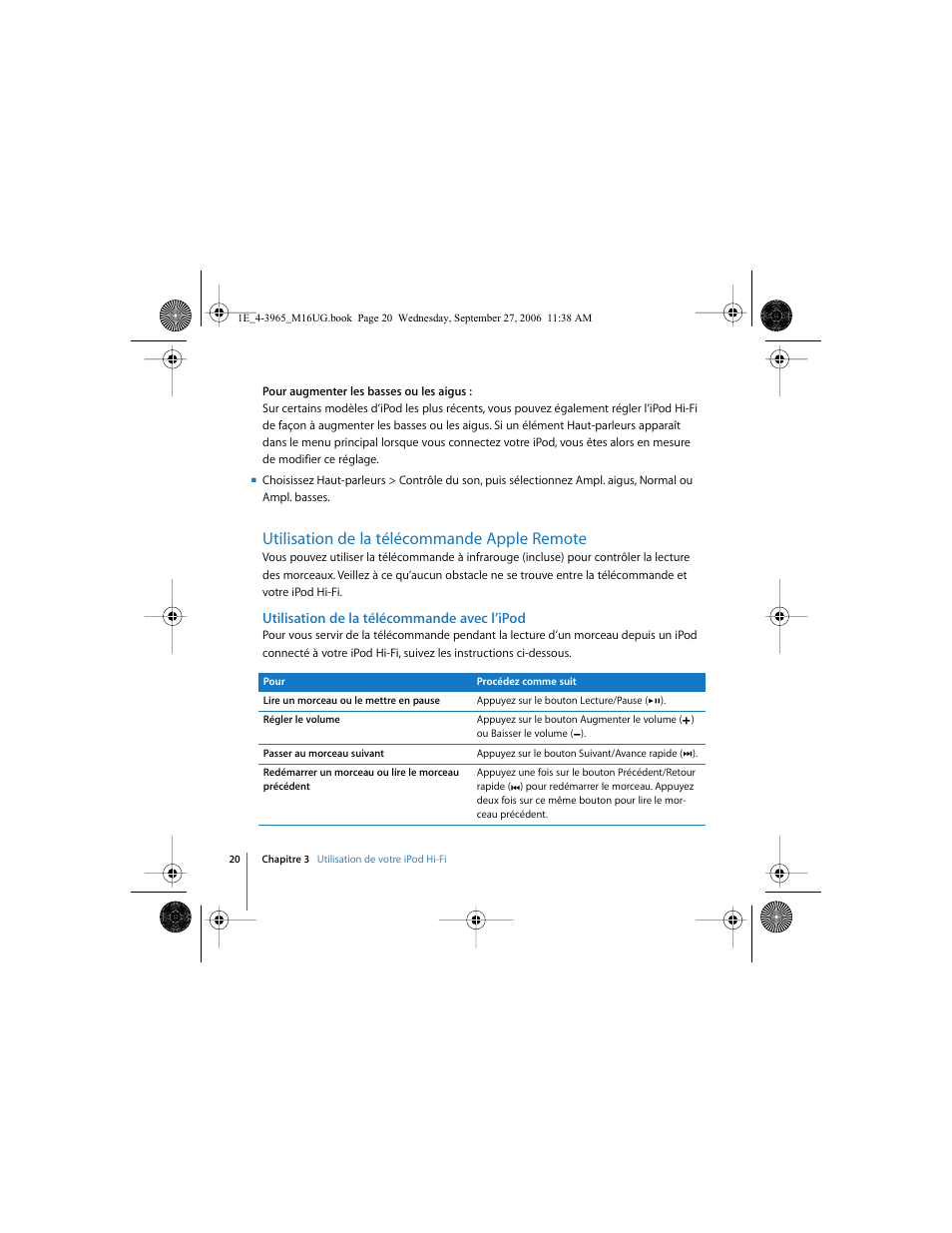 Utilisation de la télécommande apple remote | Apple iPod Hi-Fi User Manual | Page 20 / 106
