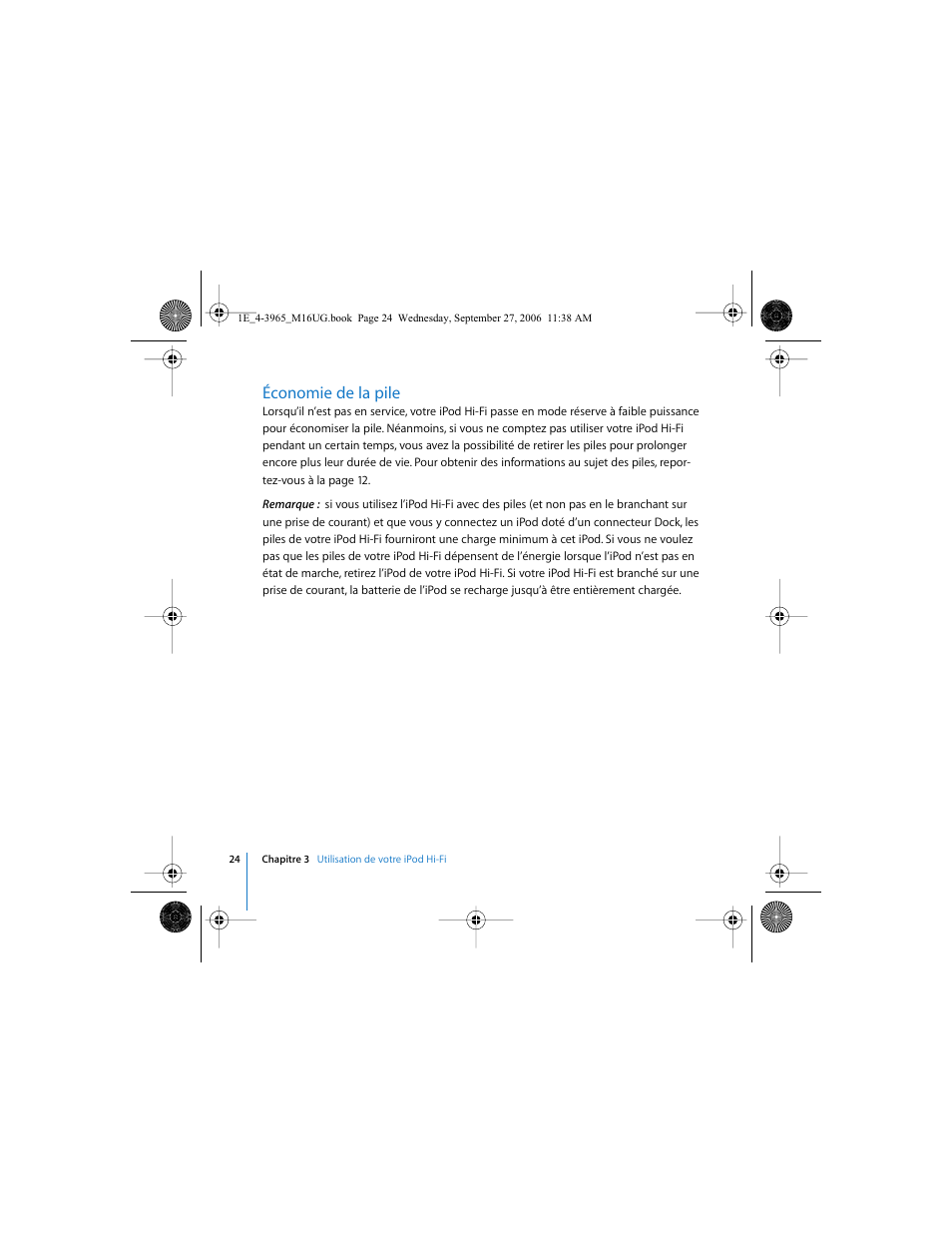 Économie de la pile | Apple iPod Hi-Fi User Manual | Page 24 / 106