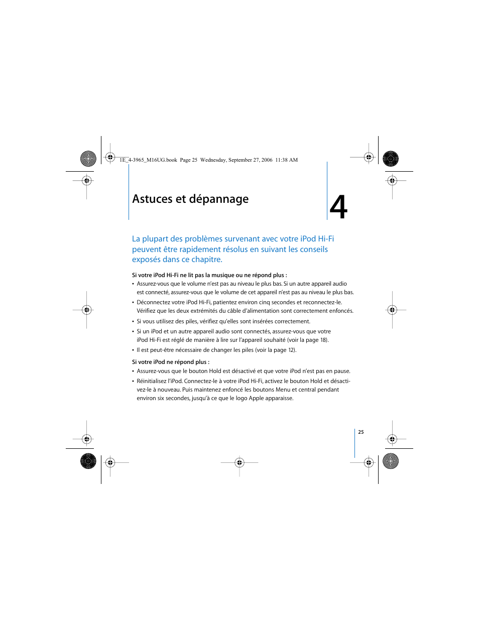 Astuces et dépannage | Apple iPod Hi-Fi User Manual | Page 25 / 106