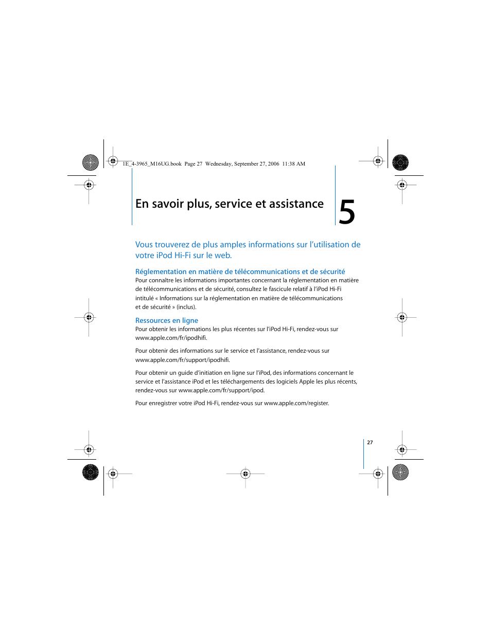 En savoir plus, service et assistance | Apple iPod Hi-Fi User Manual | Page 27 / 106