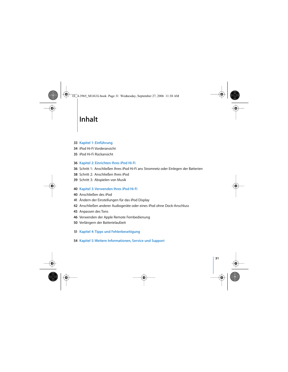Inhalt | Apple iPod Hi-Fi User Manual | Page 31 / 106