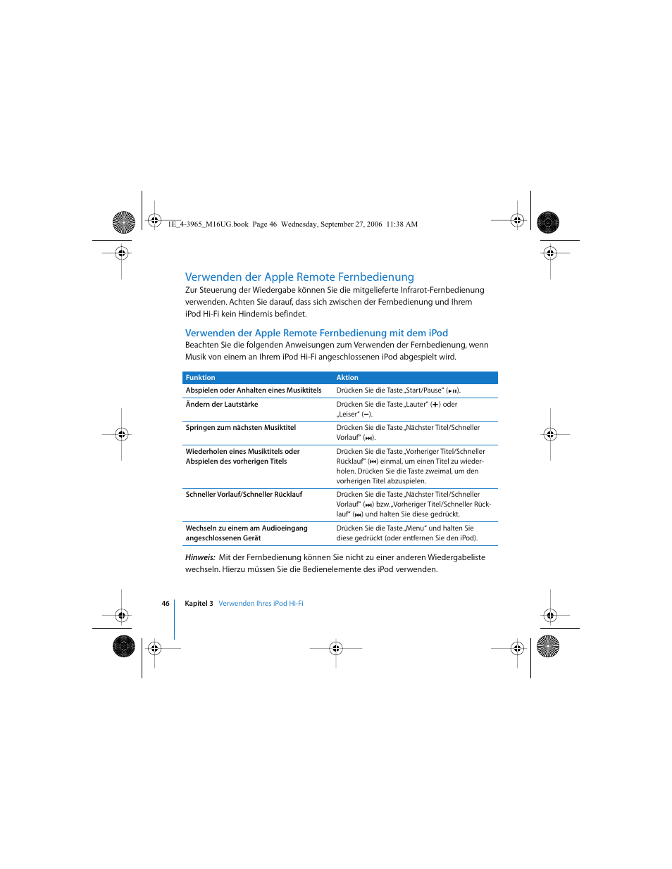 Verwenden der apple remote fernbedienung | Apple iPod Hi-Fi User Manual | Page 46 / 106