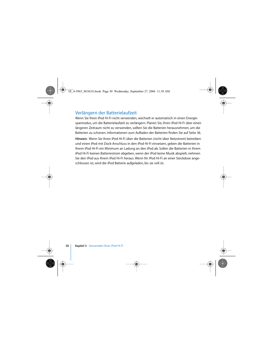 Verlängern der batterielaufzeit | Apple iPod Hi-Fi User Manual | Page 50 / 106