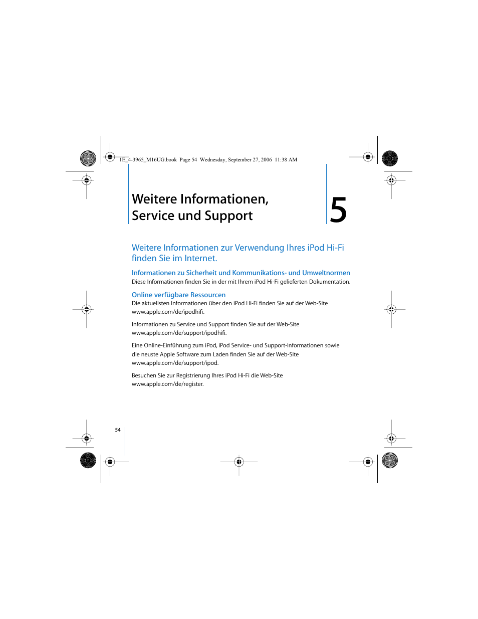 Weitere informationen, service und support | Apple iPod Hi-Fi User Manual | Page 54 / 106