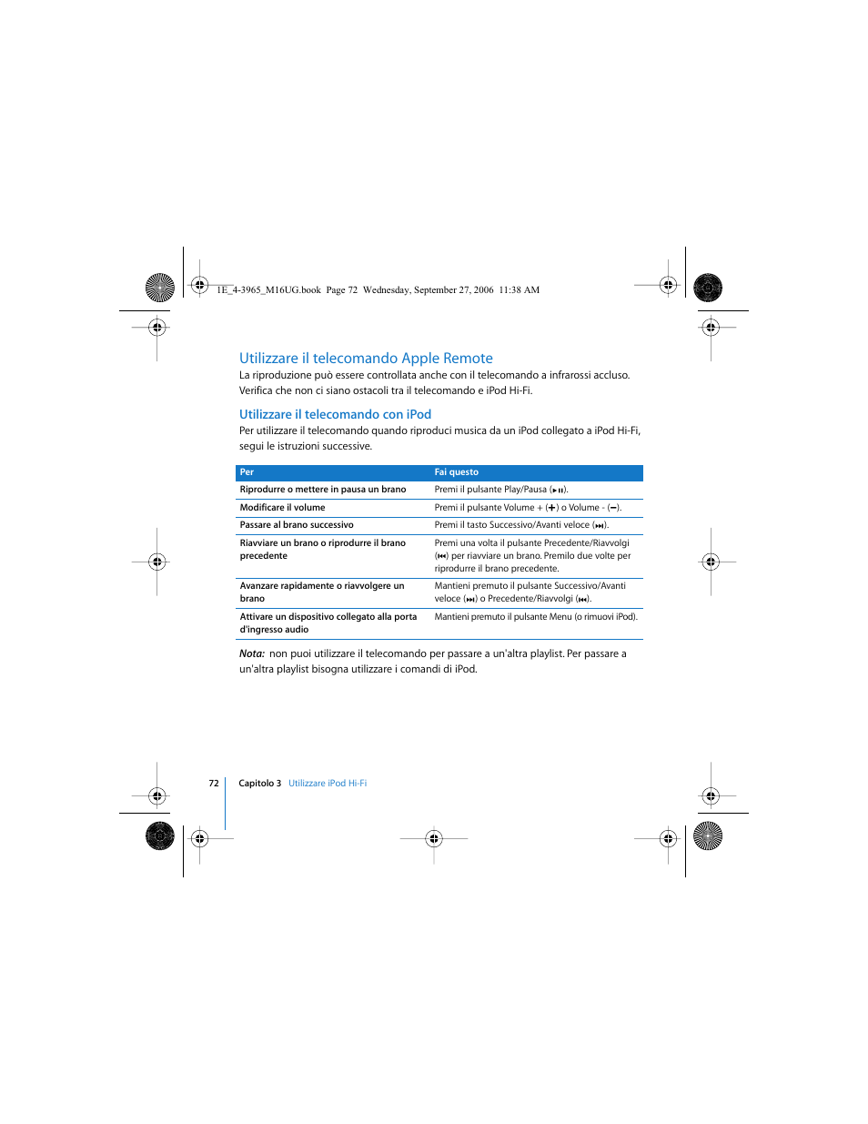 Utilizzare il telecomando apple remote | Apple iPod Hi-Fi User Manual | Page 72 / 106