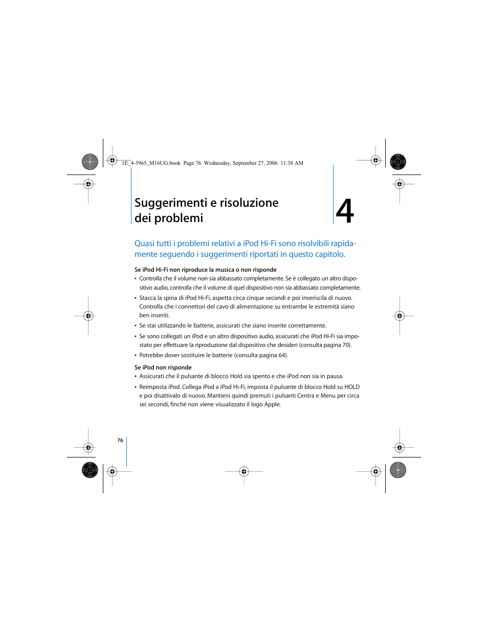 Suggerimenti e risoluzione dei problemi | Apple iPod Hi-Fi User Manual | Page 76 / 106