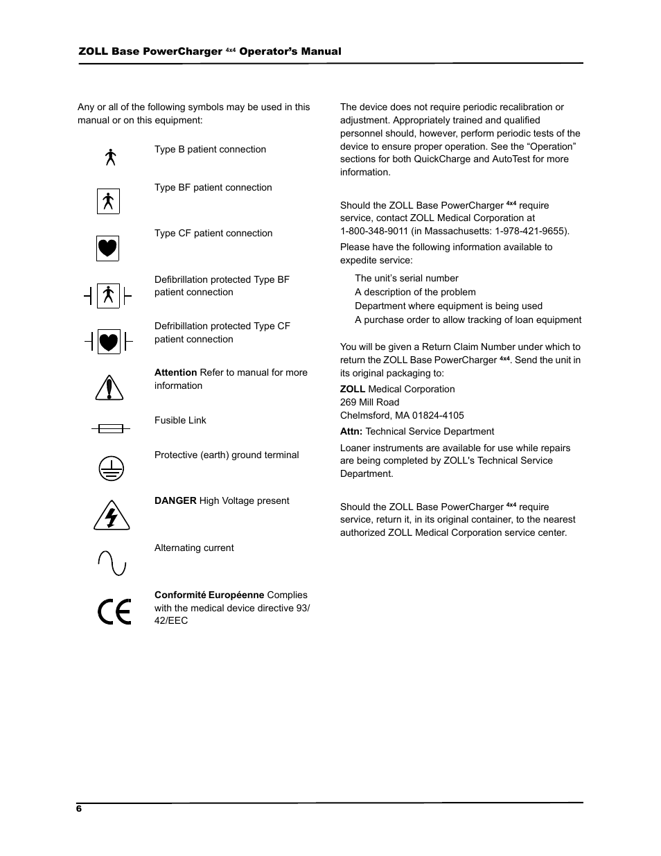 Symbols used on the equipment, Service | ZOLL M Series Defibrillator Rev G Base PowerCharger 4x4 User Manual | Page 10 / 28
