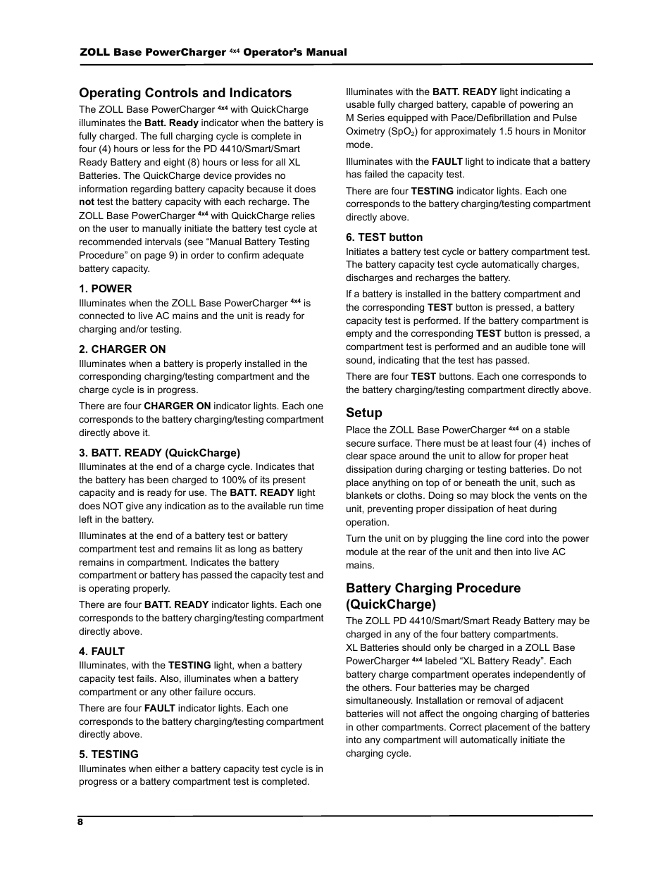 Operating controls and indicators, power, charger on | batt. ready (quickcharge), fault, testing, test button, Setup, Battery charging procedure (quickcharge), 2shudwlqj &rqwurov dqg ,qglfdwruv | ZOLL M Series Defibrillator Rev G Base PowerCharger 4x4 User Manual | Page 12 / 28