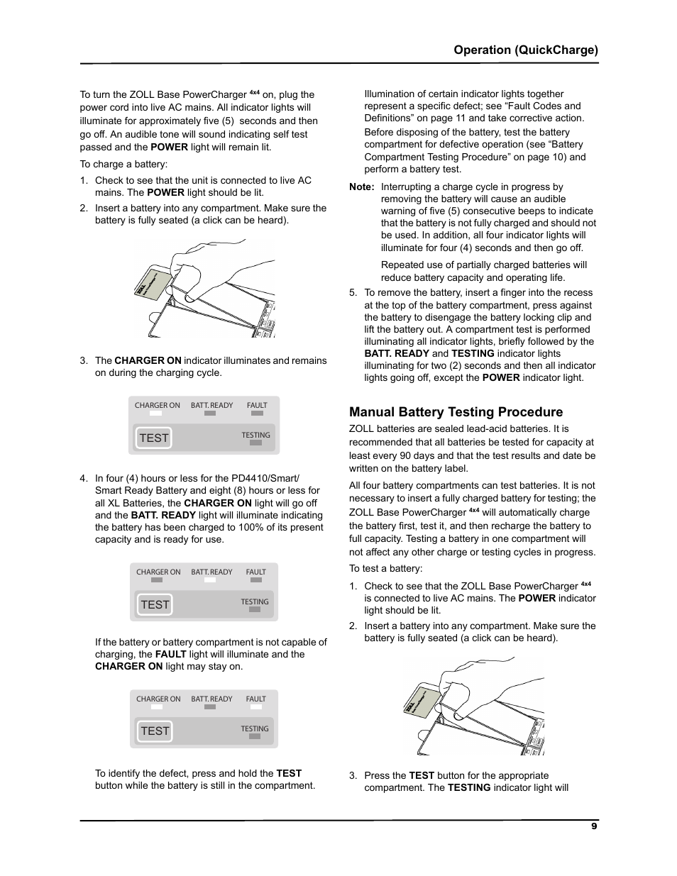 Manual battery testing procedure, 0dqxdo %dwwhu\ 7hvwlqj 3urfhgxuh, Operation (quickcharge) | ZOLL M Series Defibrillator Rev G Base PowerCharger 4x4 User Manual | Page 13 / 28