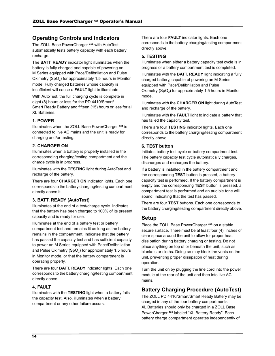 Operating controls and indicators, power, charger on | batt. ready (autotest), fault, testing, test button, Setup, Battery charging procedure (autotest), 2shudwlqj &rqwurov dqg ,qglfdwruv | ZOLL M Series Defibrillator Rev G Base PowerCharger 4x4 User Manual | Page 18 / 28