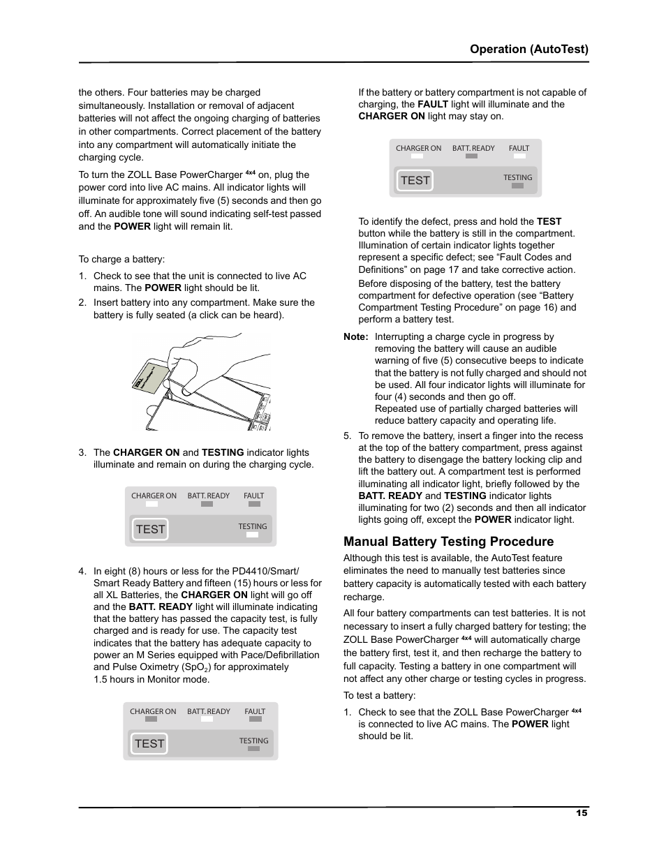 Manual battery testing procedure, 0dqxdo %dwwhu\ 7hvwlqj 3urfhgxuh, Operation (autotest) | ZOLL M Series Defibrillator Rev G Base PowerCharger 4x4 User Manual | Page 19 / 28