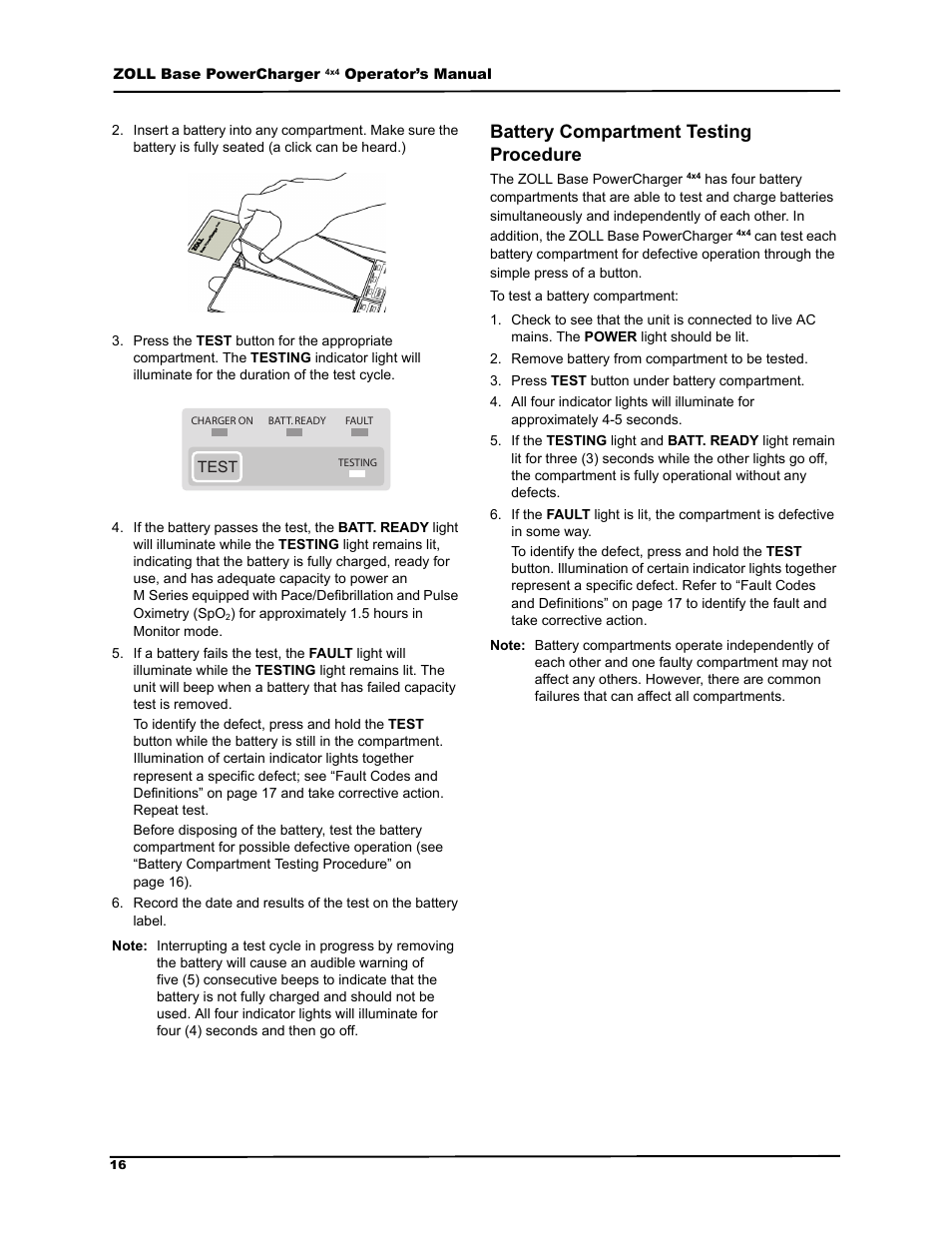 Battery compartment testing procedure, Dwwhu\ &rpsduwphqw 7hvwlqj 3urfhgxuh | ZOLL M Series Defibrillator Rev G Base PowerCharger 4x4 User Manual | Page 20 / 28