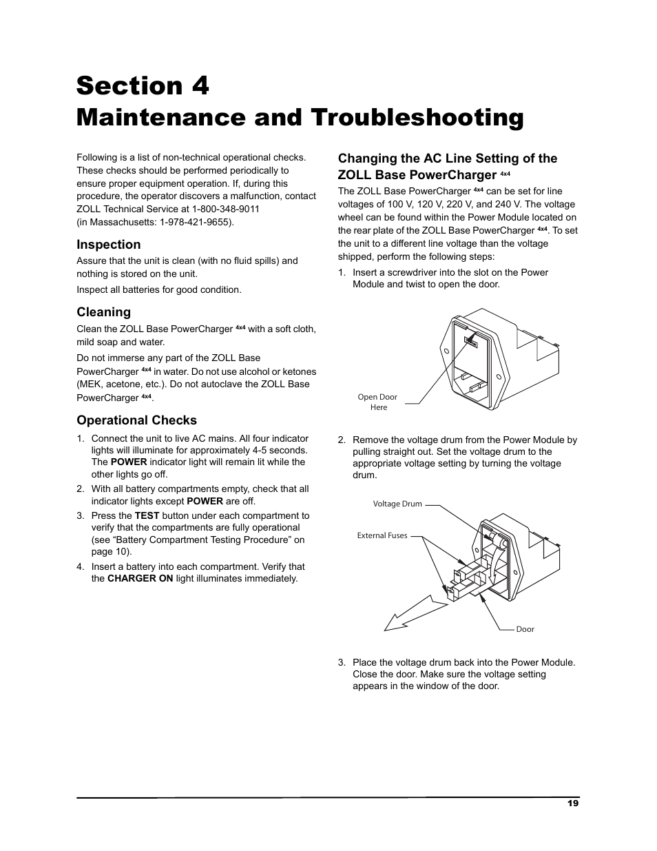 Maintenance and troubleshooting, Inspection, Cleaning | Operational checks, 6hfwlrq  0dlqwhqdqfh dqg 7urxeohvkrrwlqj, Qvshfwlrq, Ohdqlqj, 2shudwlrqdo &khfnv | ZOLL M Series Defibrillator Rev G Base PowerCharger 4x4 User Manual | Page 23 / 28