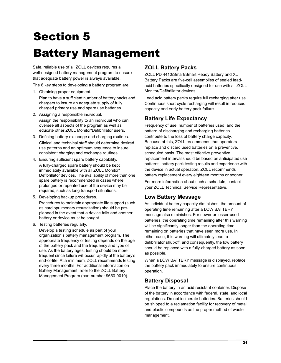Battery management, Zoll battery packs, Battery life expectancy | Low battery message, Battery disposal, 6hfwlrq  %dwwhu\ 0dqdjhphqw | ZOLL M Series Defibrillator Rev G Base PowerCharger 4x4 User Manual | Page 25 / 28