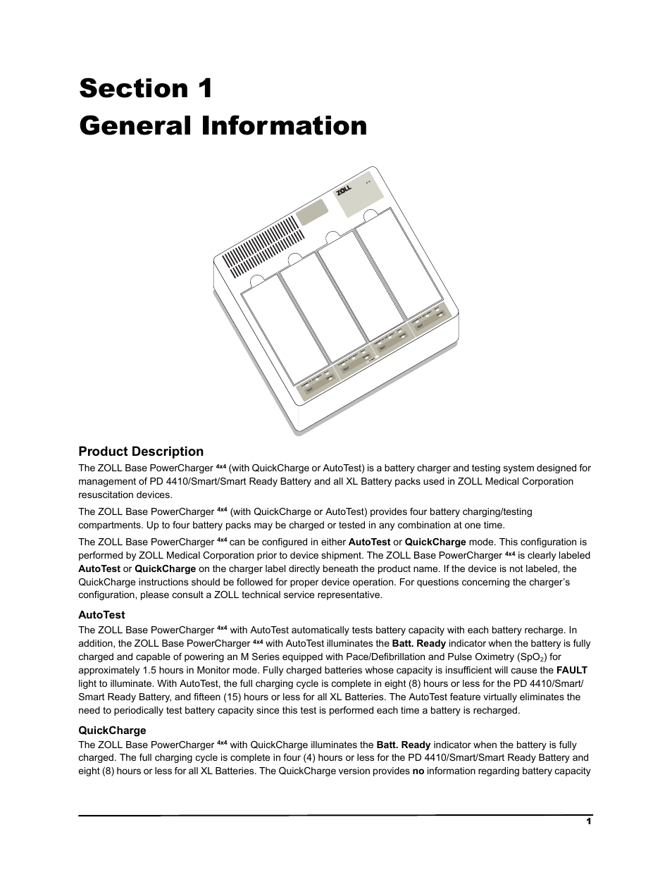 General information, Product description, Autotest | Quickcharge, 6hfwlrq  *hqhudo ,qirupdwlrq, 3urgxfw 'hvfulswlrq, Xwr7hvw, 4xlfn&kdujh, The zoll base powercharger | ZOLL M Series Defibrillator Rev G Base PowerCharger 4x4 User Manual | Page 5 / 28