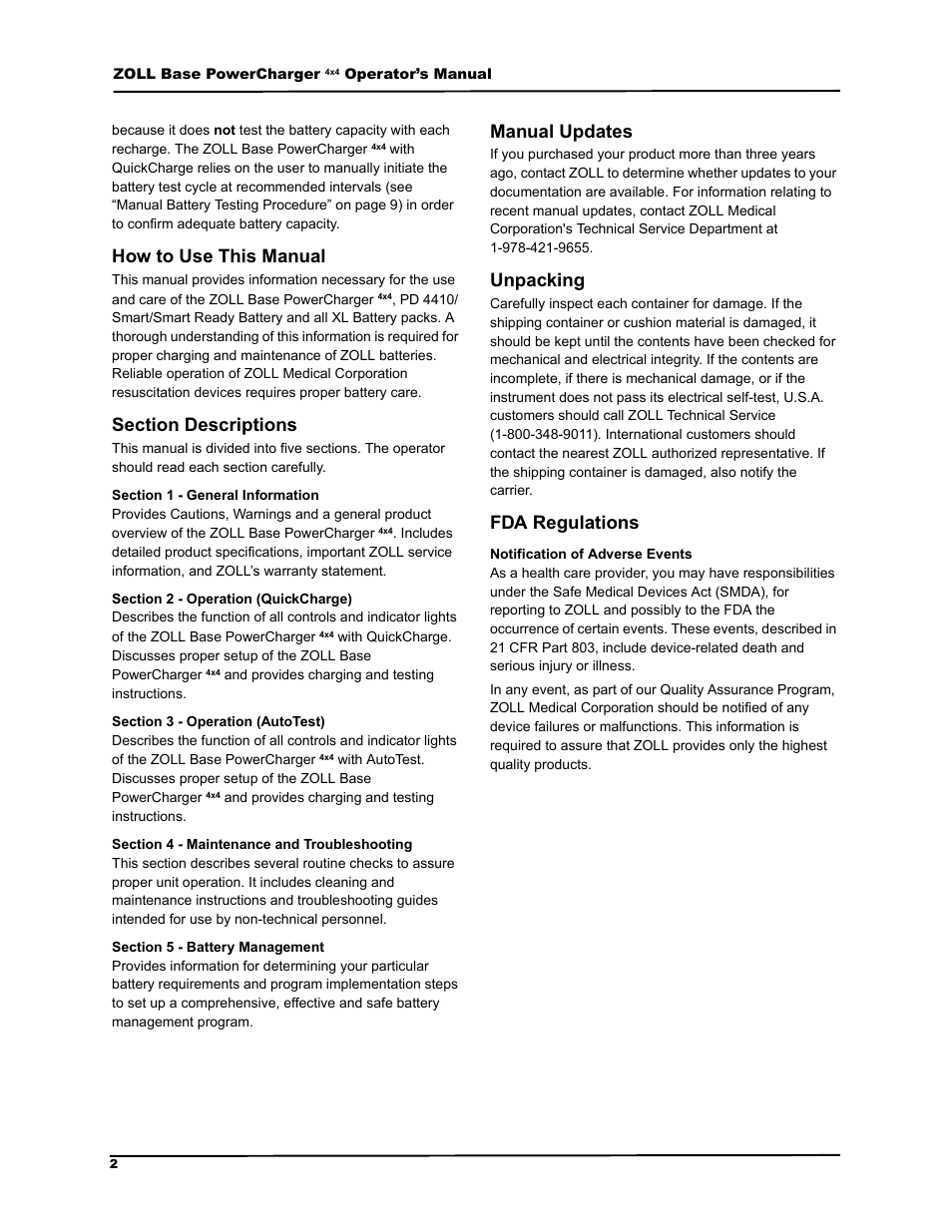 How to use this manual, Section descriptions, Manual updates | Unpacking, Fda regulations, Rz wr 8vh 7klv 0dqxdo, 6hfwlrq 'hvfulswlrqv, 0dqxdo 8sgdwhv, 8qsdfnlqj, 5hjxodwlrqv | ZOLL M Series Defibrillator Rev G Base PowerCharger 4x4 User Manual | Page 6 / 28