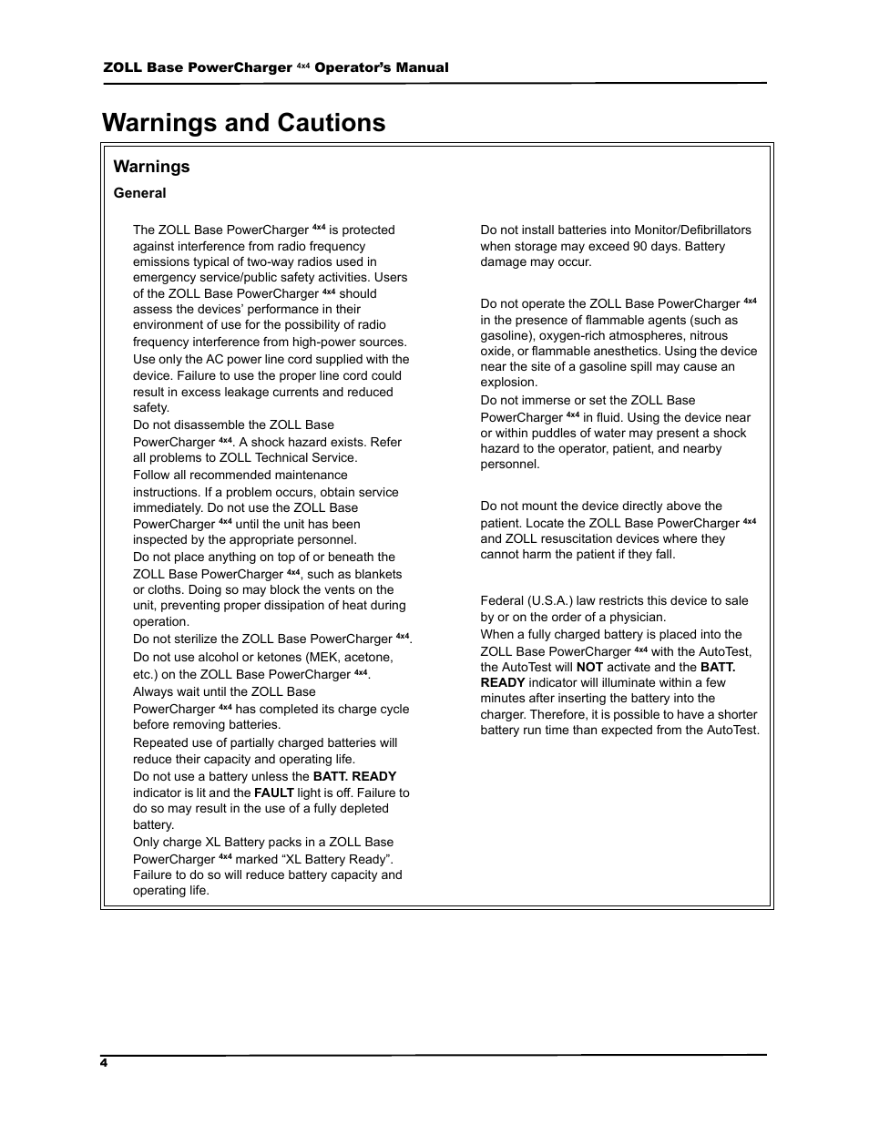 Warnings and cautions, General, Duqlqjv dqg &dxwlrqv | Duqlqjv, Caution | ZOLL M Series Defibrillator Rev G Base PowerCharger 4x4 User Manual | Page 8 / 28