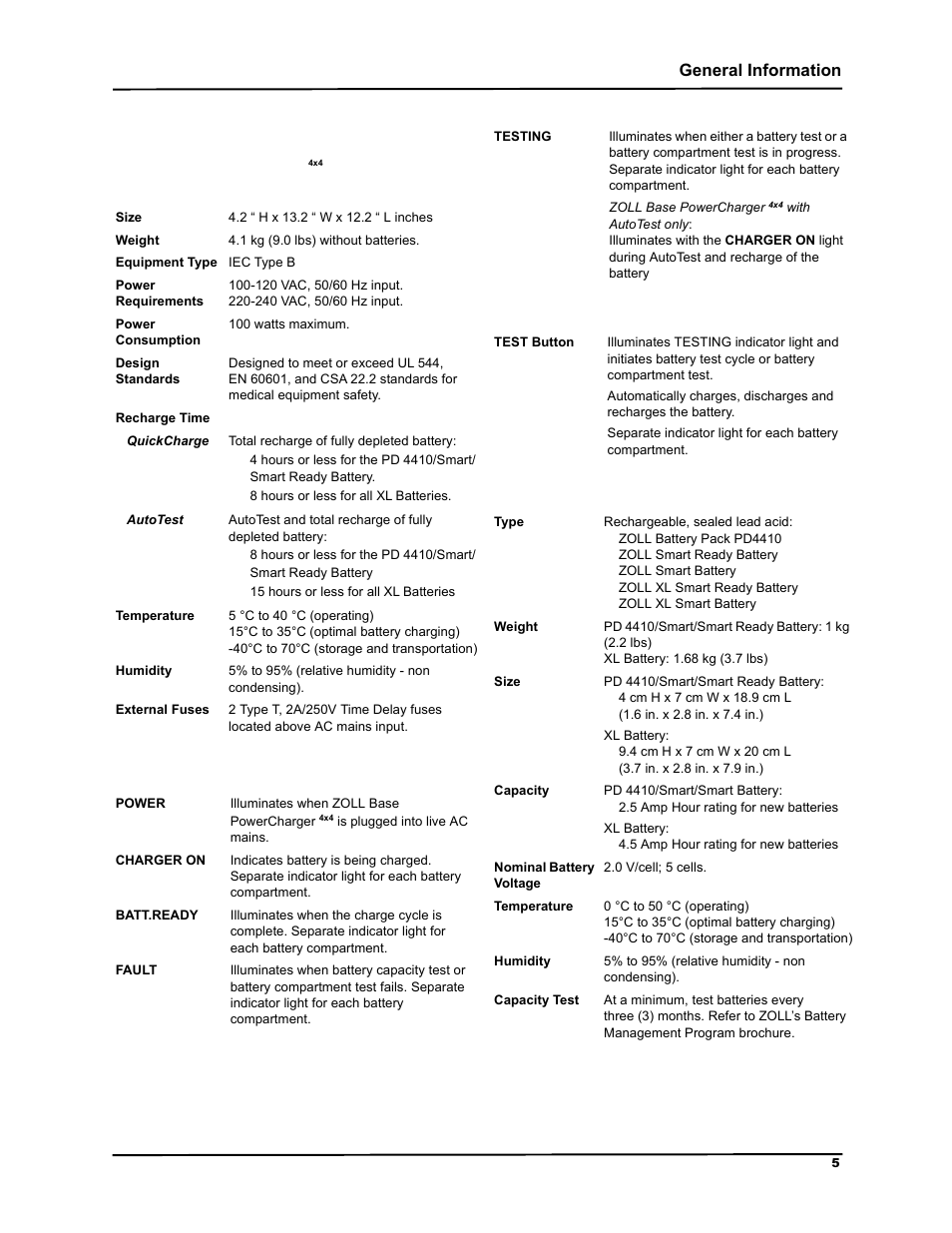 Specifications, Zoll base powercharger4x4, General | Indicator lights, Controls, Zoll batteries, 6shflilfdwlrqv, General information | ZOLL M Series Defibrillator Rev G Base PowerCharger 4x4 User Manual | Page 9 / 28