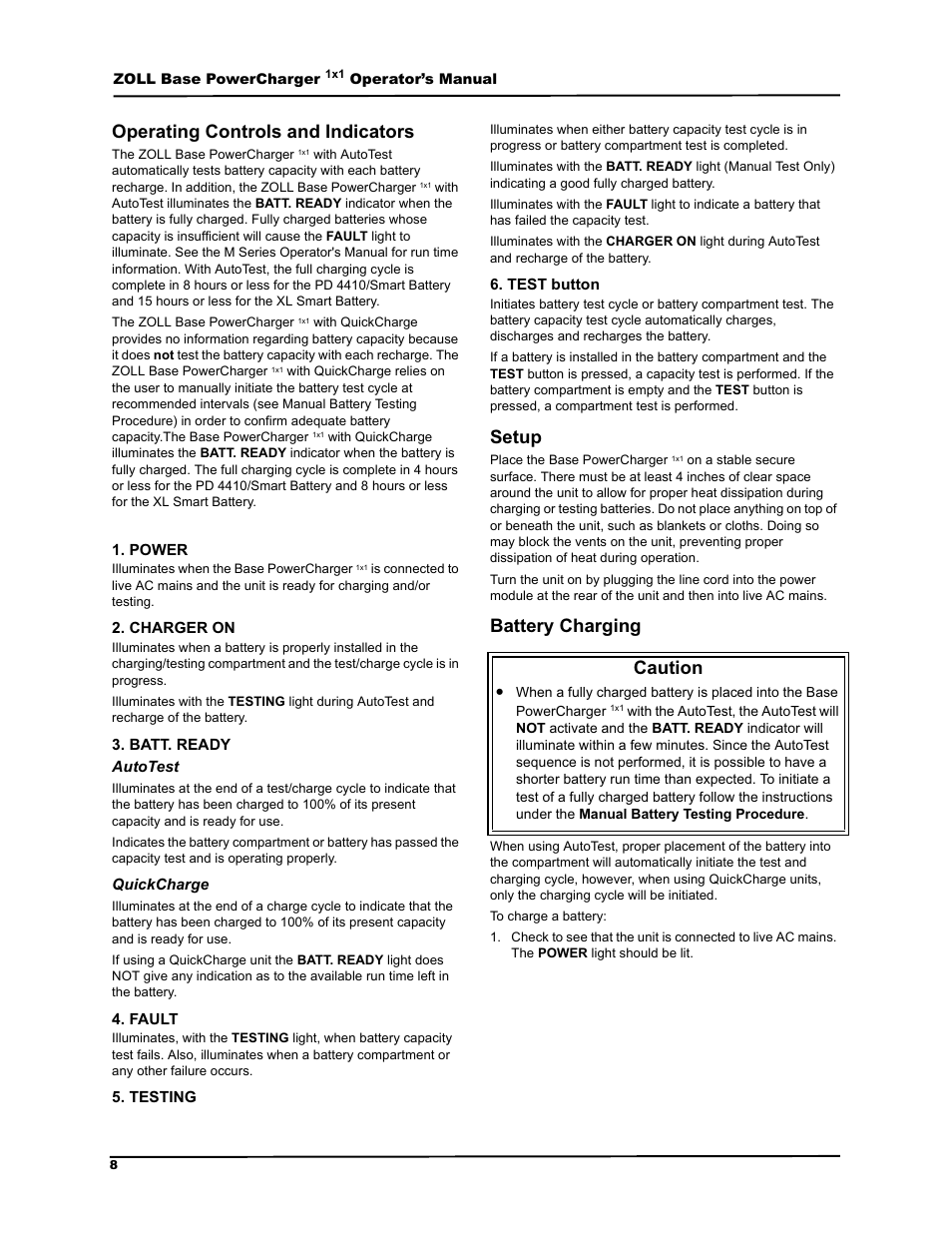 2shudwlqj &rqwurov dqg ,qglfdwruv, 6hwxs, Dwwhu\ &kdujlqj | Dxwlrq | ZOLL M Series Defibrillator Rev B Base PowerCharger 1x1 User Manual | Page 12 / 26