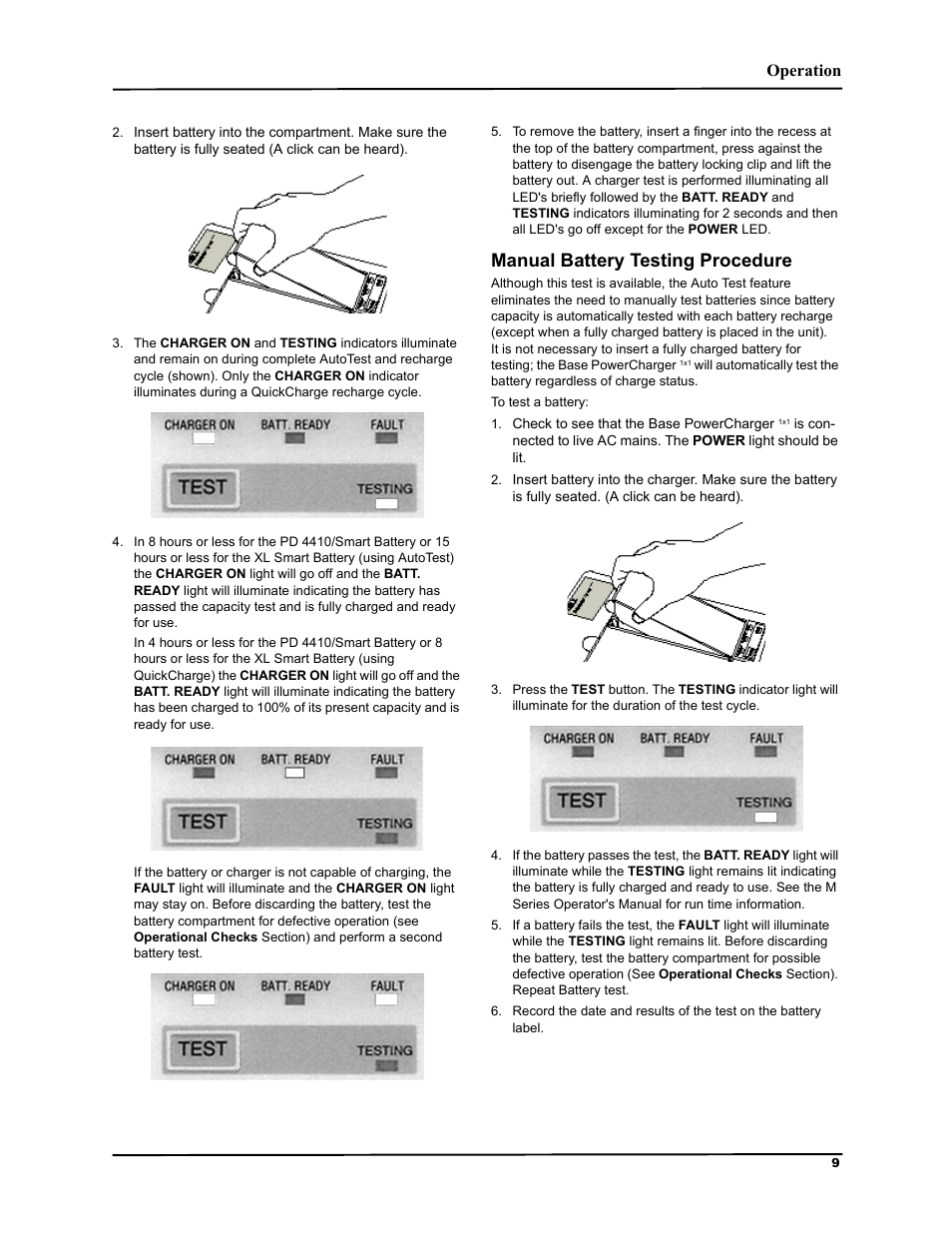 0dqxdo %dwwhu\ 7hvwlqj 3urfhgxuh, Operation | ZOLL M Series Defibrillator Rev B Base PowerCharger 1x1 User Manual | Page 13 / 26