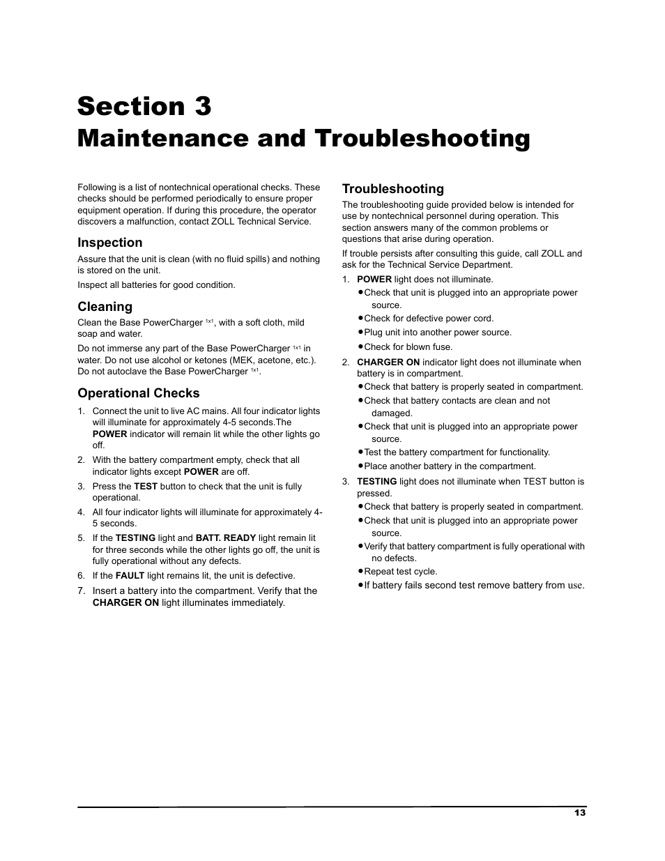 Section 3, Maintenance and troubleshooting, Power light does not illuminate | 6hfwlrq  0dlqwhqdqfh dqg 7urxeohvkrrwlqj, Qvshfwlrq, Ohdqlqj, 2shudwlrqdo &khfnv, 7urxeohvkrrwlqj | ZOLL M Series Defibrillator Rev B Base PowerCharger 1x1 User Manual | Page 17 / 26