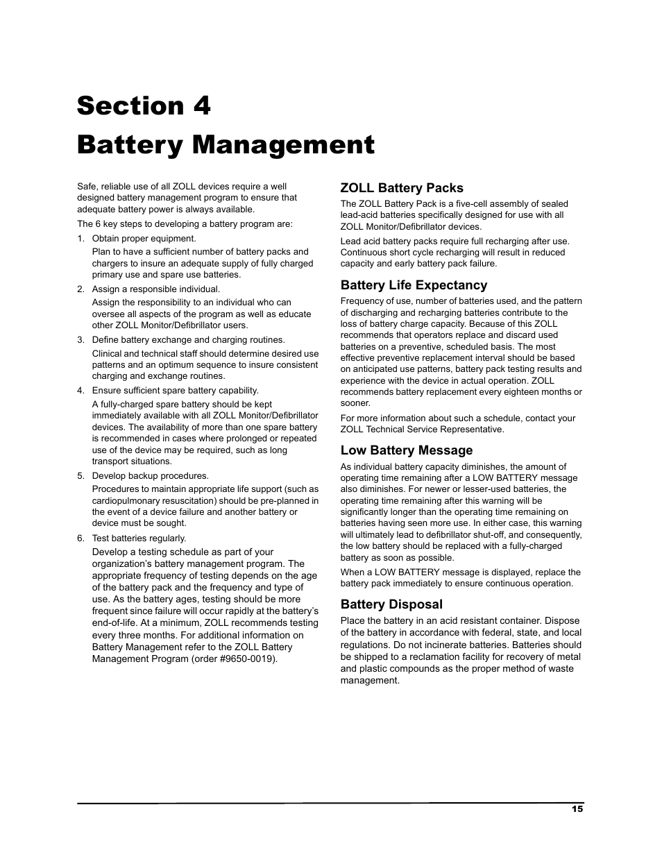 Section 4, Battery management, Obtain proper equipment | Assign a responsible individual, Define battery exchange and charging routines, Ensure sufficient spare battery capability, Develop backup procedures, Test batteries regularly, 6hfwlrq %dwwhu\ 0dqdjhphqw | ZOLL M Series Defibrillator Rev B Base PowerCharger 1x1 User Manual | Page 19 / 26
